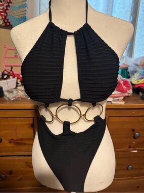 SHEIN Black Textured Halter One-Piece Swimsuit with Gold Rings